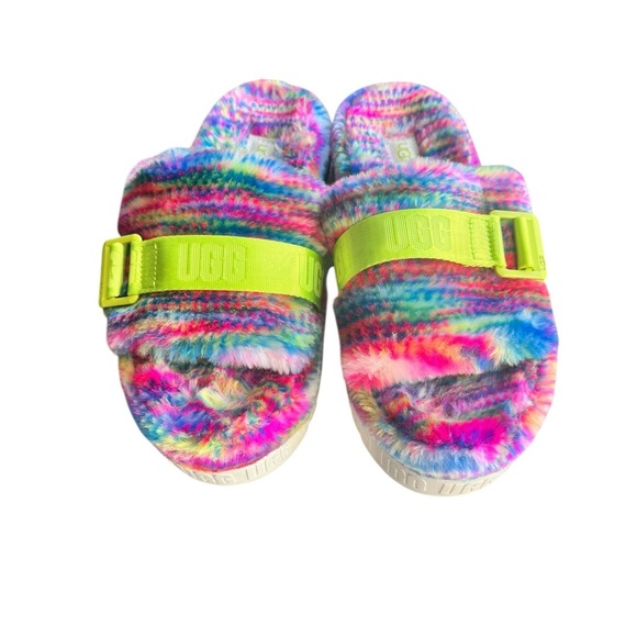 UGG Disco Slide Acid Wash Rainbow Fuzzy Sandals 8 - Picture 2 of 6